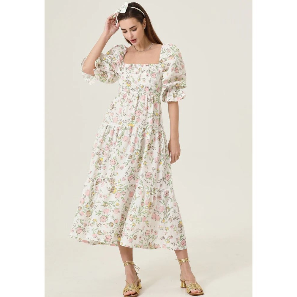 Nothing Fits But KiKo Dress L Maternity Floral Smocked Puff Sleeve Cotton Linen